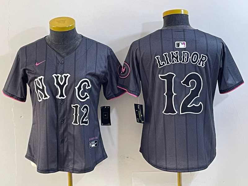 Women's New York Mets #12 Francisco Lindor Number Grey 2024 City Connect Cool Base Stitched Jersey