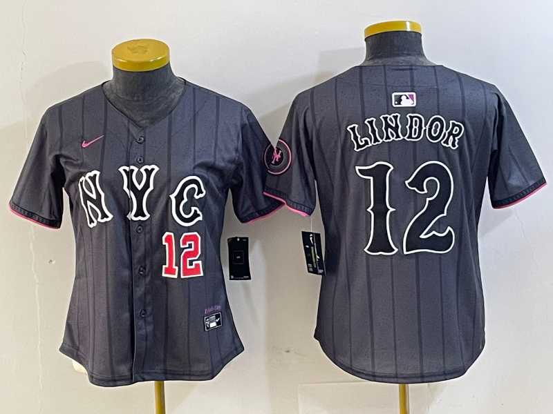 Women's New York Mets #12 Francisco Lindor Number Grey 2024 City Connect Cool Base Stitched Jerseys