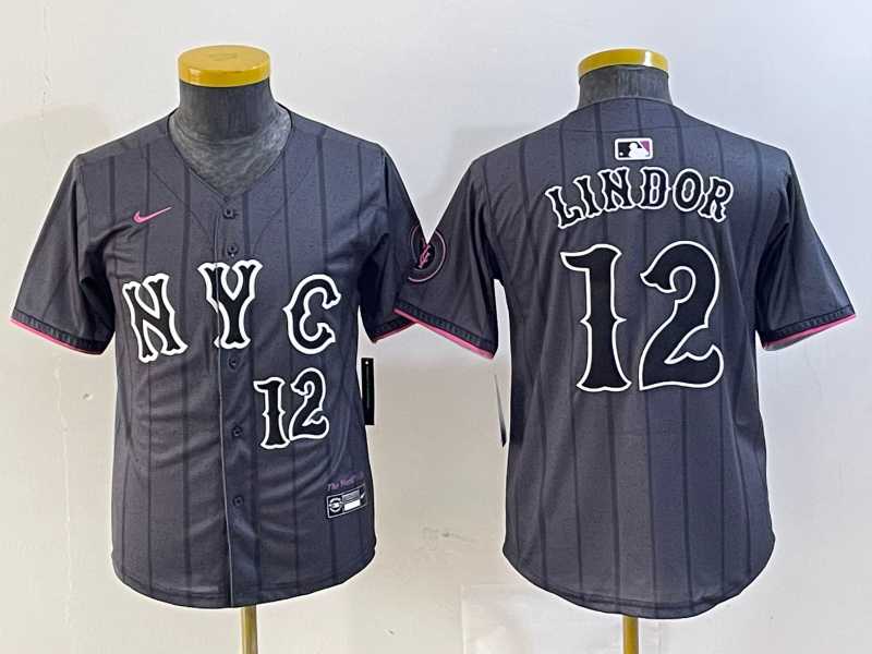 Youth New York Mets #12 Francisco Lindor Number Grey 2024 City Connect Cool Base Stitched Jersey