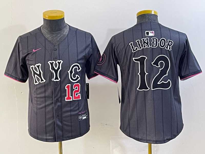 Youth New York Mets #12 Francisco Lindor Number Grey 2024 City Connect Cool Base Stitched Jerseys